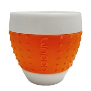 🍒 BODUM Pavina 3oz. White Porcelain Espresso Cup Mug w/ Orange Silicone Sleeve